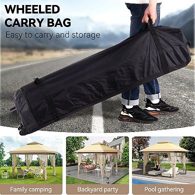 10x10ft Pop Up Patio Gazebo with Mosquito Netting, 2-Tier Vented Canopy with Wheeled Bag & Frames
