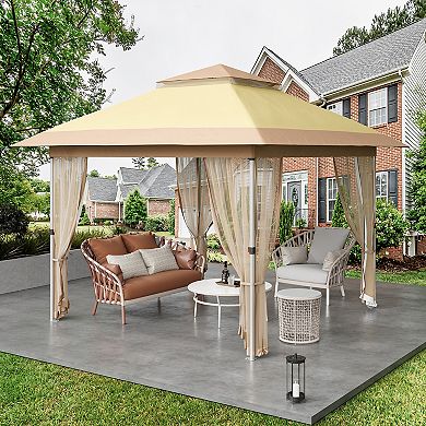 10x10ft Pop Up Patio Gazebo with Mosquito Netting, 2-Tier Vented Canopy with Wheeled Bag & Frames