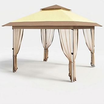 10x10ft Pop Up Patio Gazebo with Mosquito Netting, 2 tier Vented Canopy with Wheeled Bag & Frames
