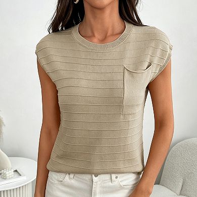 Women's Round Neck Cap Sleeve Knit Top Casual Sweater with Pocket