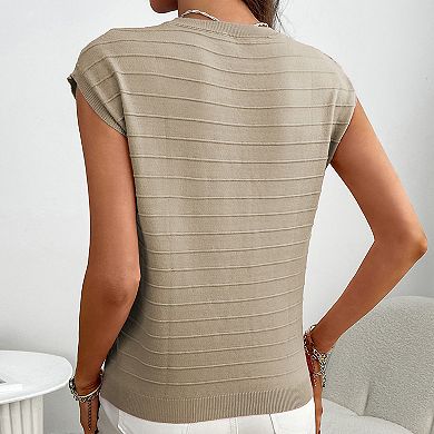 Women's Round Neck Cap Sleeve Knit Top Casual Sweater with Pocket