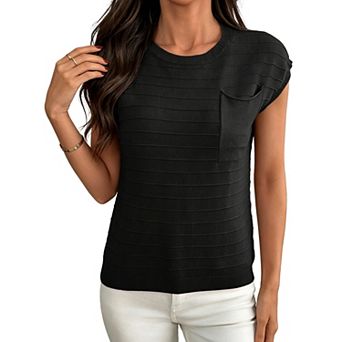 Women's Round Neck Cap Sleeve Knit Top Casual Sweater with Pocket