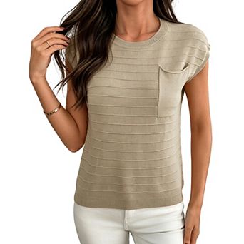 Women's Round Neck Cap Sleeve Knit Top Casual Sweater with Pocket
