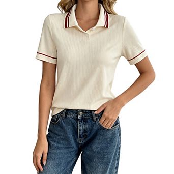 Women's Ribbed Polo Shirt Short Sleeve Striped Collar Casual T Shirt