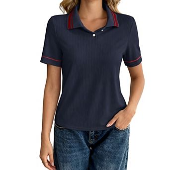 Women's Ribbed Polo Shirt Short Sleeve Striped Collar Casual T Shirt