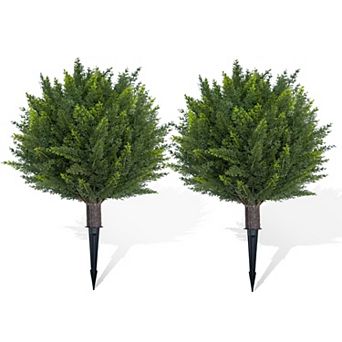 18" High 2 pc Artificial Cedar Topiary Ball Trees,UV Resistant Outdoor Fake Plants with Ground Spike