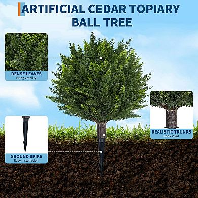18" High 2pcs Artificial Cedar Topiary Ball Trees,UV Resistant Outdoor Fake Plants with Ground Spike