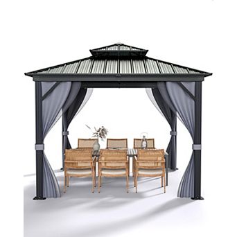 10x10ft Hardtop Patio Gazebo, Double Roof Galvanized Steel&Aluminum Pavilion with Netting & Curtains