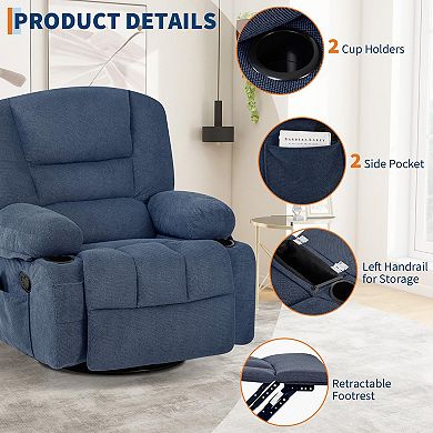 360° Swivel Recliner Chairs, Heated Vibration Massage Chair with Storage Armrest & Cup Holder