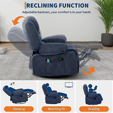 360° Swivel Recliner Chairs, Heated Vibration Massage Chair with Storage Armrest & Cup Holder