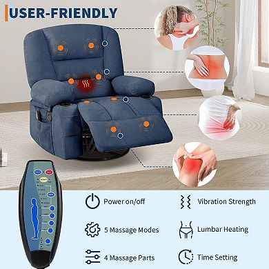 360° Swivel Recliner Chairs, Heated Vibration Massage Chair with Storage Armrest & Cup Holder