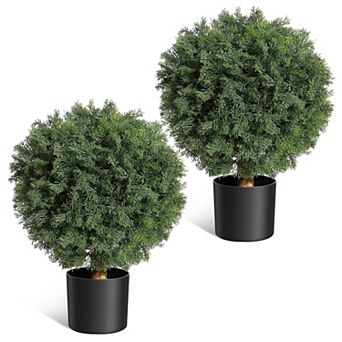 Artificial Topiary Cedar Ball Tree 2pcs,17 in UV Resistant Fake Potted Plants In Black Nursery Pot