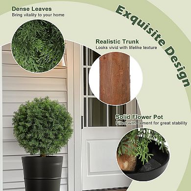 Artificial Topiary Cedar Ball Tree 2pcs,17 in UV Resistant Fake Potted Plants In Black Nursery Pot