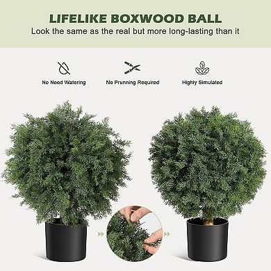 Artificial Topiary Cedar Ball Tree 2pcs,17 in UV Resistant Fake Potted Plants In Black Nursery Pot