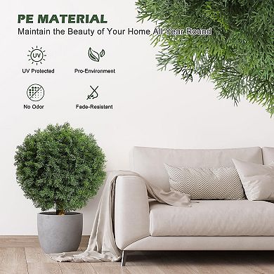 Artificial Topiary Cedar Ball Tree 2pcs,17 in UV Resistant Fake Potted Plants In Black Nursery Pot