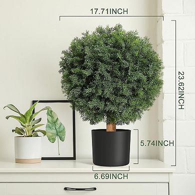 Artificial Topiary Cedar Ball Tree 2pcs,17 in UV Resistant Fake Potted Plants In Black Nursery Pot