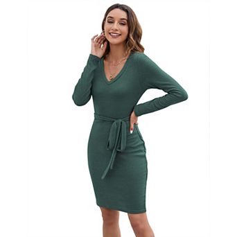 Women's V-Neck Tie-Waist Bodycon Dress Elegant Long Sleeve Midi