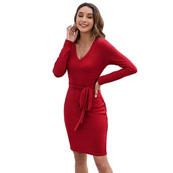 Women's V-Neck Tie-Waist Bodycon Dress Elegant Long Sleeve Midi