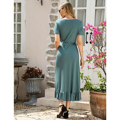 Women's Maternity Formal Work Wrap v Neck Pleated Ruffle Pregnancy Dresses