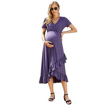 Women's Maternity Formal Work Wrap v Neck Pleated Ruffle Pregnancy Dresses