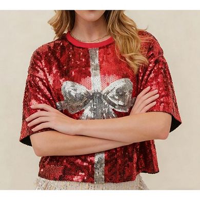 Womens Sparkle Sequin Pullover t-Shirt Crewneck Oversized Half Sleeve Tops