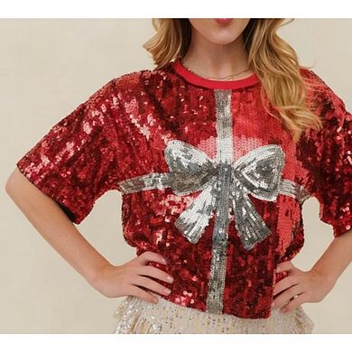 Womens Sparkle Sequin Pullover t-Shirt Crewneck Oversized Half Sleeve Tops