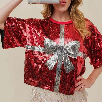 Womens Sparkle Sequin Pullover t-Shirt Crewneck Oversized Half Sleeve Tops