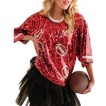Womens Sparkle Sequin Pullover t-Shirt Crewneck Oversized Half Sleeve Tops
