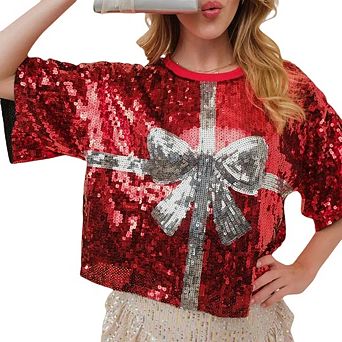 Womens Sparkle Sequin Pullover t-Shirt Crewneck Oversized Half Sleeve Tops
