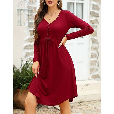 Women's V-Neck Button-Front A-Line Dress Long Sleeve Midi