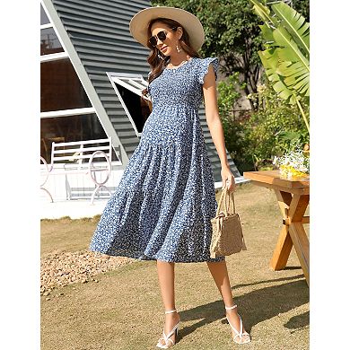 Maternity Smocked Round Neck A-Line Dress Ruffle Short Sleeve Midi