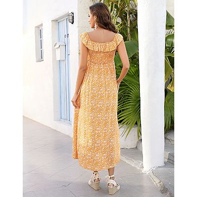 Maternity Off-The-Shoulder Floral Maxi Dress Smocked Slit Skirt