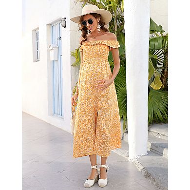Maternity Off-The-Shoulder Floral Maxi Dress Smocked Slit Skirt