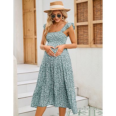 Maternity Square Neck Smocked Sundress Ruffle Strap Flare Midi