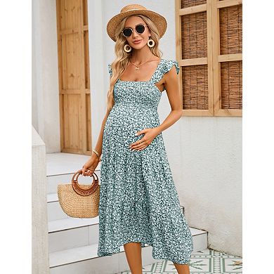 Maternity Square Neck Smocked Sundress Ruffle Strap Flare Midi