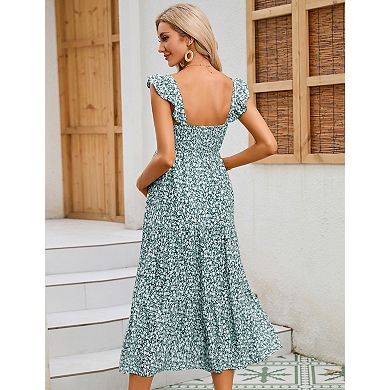 Maternity Square Neck Smocked Sundress Ruffle Strap Flare Midi