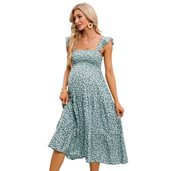 Maternity Square Neck Smocked Sundress Ruffle Strap Flare Midi