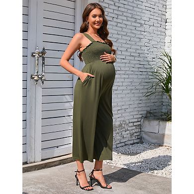 Women's Smocked Wide Leg Jumpsuit Sleeveless Square Neck Romper