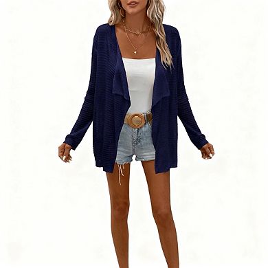 Womens Lightweight Cardigan Long Sleeve Open Front Lapel Shawl Mesh Crochet Sweater Shirts Coats