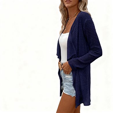 Womens Lightweight Cardigan Long Sleeve Open Front Lapel Shawl Mesh Crochet Sweater Shirts Coats