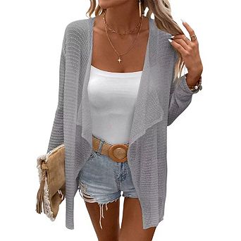 Womens Lightweight Cardigan Long Sleeve Open Front Lapel Shawl Mesh Crochet Sweater Shirts Coats
