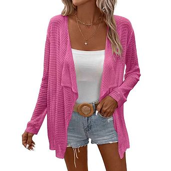 Womens Lightweight Cardigan Long Sleeve Open Front Lapel Shawl Mesh Crochet Sweater Shirts Coats