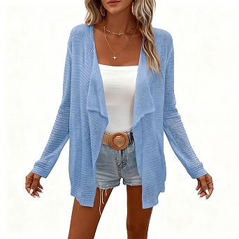 Womens Lightweight Cardigan Long Sleeve Open Front Lapel Shawl Mesh Crochet Sweater Shirts Coats