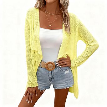 Womens Lightweight Cardigan Long Sleeve Open Front Lapel Shawl Mesh Crochet Sweater Shirts Coats