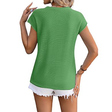 Womens Pullover Sweater Vest Crew Neck Cap Sleeve Loose Fit Ribbed Knit Top Sweaters