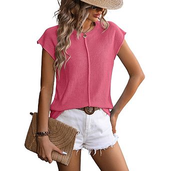 Womens Pullover Sweater Vest Crew Neck Cap Sleeve Loose Fit Ribbed Knit Top Sweaters