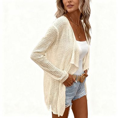 Womens Lightweight Cardigan Long Sleeve Open Front Lapel Shawl Mesh Crochet Sweater Shirts Coats