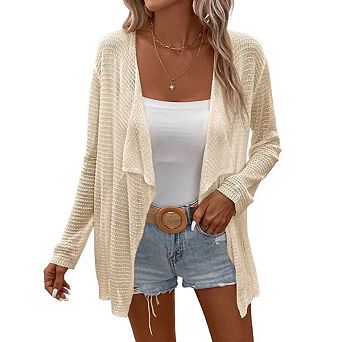 Womens Lightweight Cardigan Long Sleeve Open Front Lapel Shawl Mesh Crochet Sweater Shirts Coats