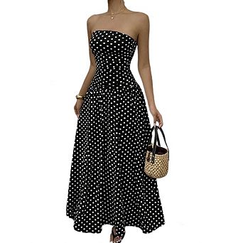 Womens Smocked Tube Top Casual Sleeveless Long Flowy Maxi Polka Dot Strapless Dress