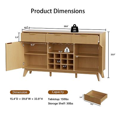 Fluted Wine Cabinet, 2 Side Cabinets, 3 Drawers, Liquor Rack & Glass Holder, Adjustable Shelves